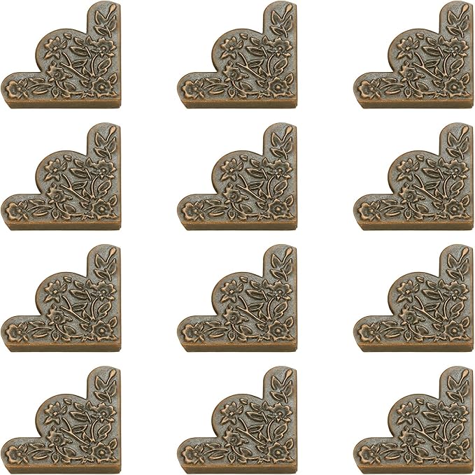 dophee 12Pcs Decorative Corner Protector, Jewelry Box Wooden Box Chest Furniture Guard Edge Cover, Metal Flower Carved No Holes, 1.69"x1.69"x0.2" - Red Copper