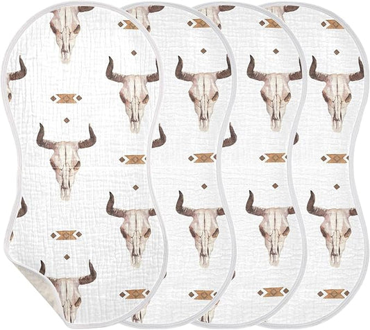 Western Bull Skull Burp Cloths Baby Boys Girls Absorbent Soft Cotton Burping Cloths Rags 4 Pack