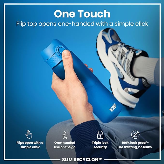 Ion8 Water Bottle, 500 ml/18 oz, Leak Proof, Easy to Open, Secure Lock, Dishwasher Safe, BPA Free, Hygienic Flip Cover, Carry Handle, Fits Cup Holders, Easy Clean, Odor Free, Carbon Neutral, Blue