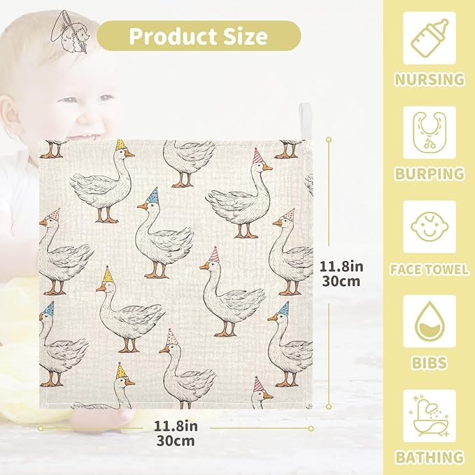 vvfelixl Baby Muslin Washcloths Goose with Birthday Hat Baby Burp Cloths Cotton Babys Face Towel for Newborn Infants Boys Girls Soft and Absorbent 11.8 X 11.8 in, 3 Pack