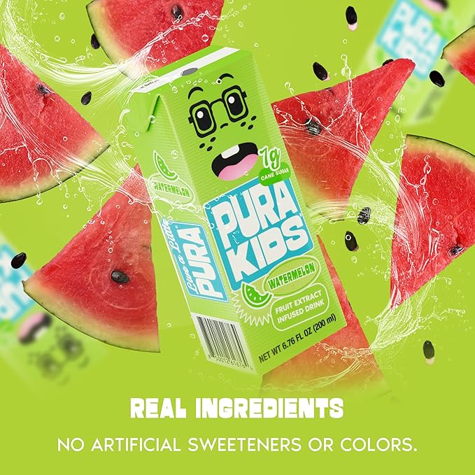 PURA Kids Box | Watermelon Fruit extract infused Drink for kids | 7g Pure Cane Sugar | Non-GMO | Vegan, No Artificial Sweeteners | Best Lunchbox Beverage with Paper Straw | 6.76 fl oz (200ml), Pack of 24