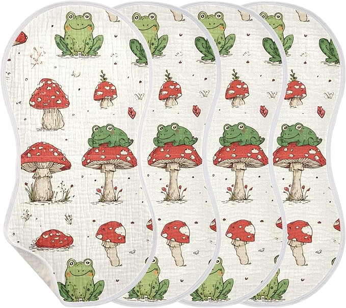Retro Frogs Mushrooms Burp Cloths Baby Boys Girls Absorbent Soft Cotton Burping Cloths Rags 4 Pack