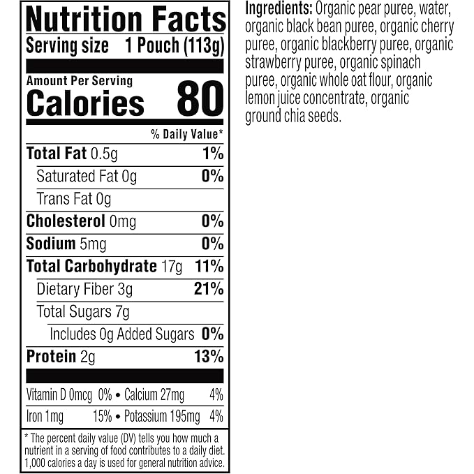 Plum Organics Mighty 4 Organic Toddler Food - Pear, Black Bean, Cherry, Blackberry, Strawberry, Oat, and Spinach - 4 oz Pouch (Pack of 6) - Organic Fruit and Vegetable Toddler Food Pouch
