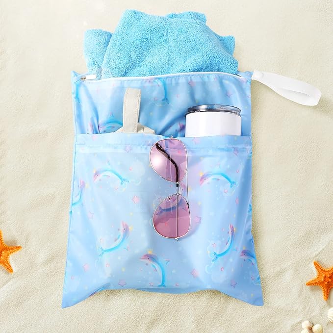 Frienda 4 Pieces Cloth Diaper Wet Dry Bag, Waterproof Reusable Washable Bag for Baby Items and Travel Zippered Pockets with Handle, Beach, Swimsuit, Dirty Gym Clothes and Toiletries(Mermaid)