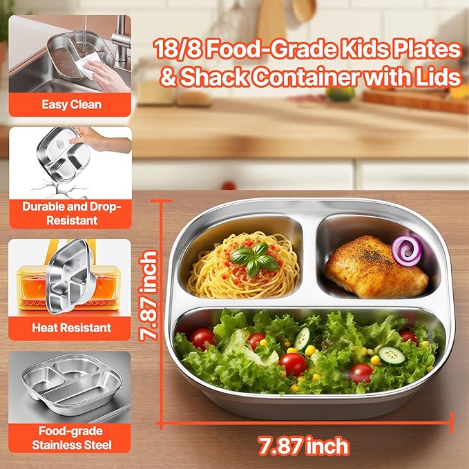 Set of 4 Snack Containers,Stainless Steel Kids Plates,Stainless Steel Toddler Plate with Silicone Lids- Reusable Meal Prep Lunch Containers for Kids Non Toxic & 100% BPA Free (Purple)