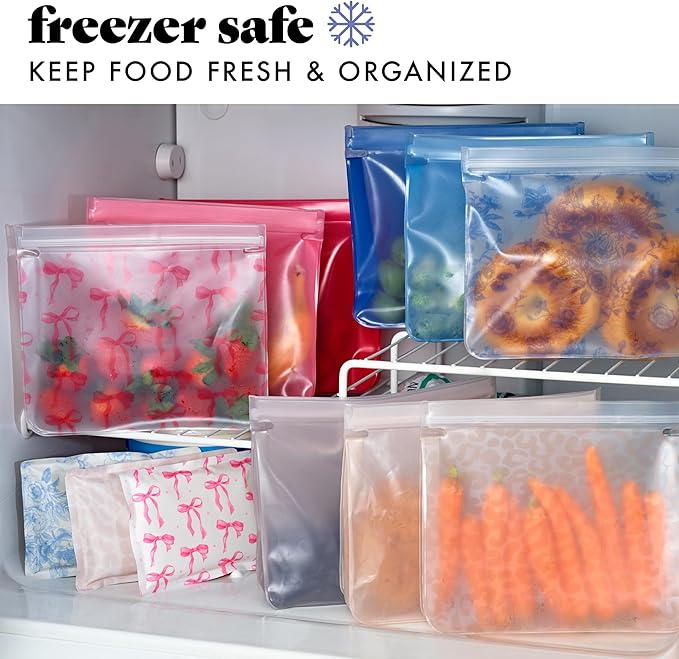 Fit & Fresh Reusable Sandwich Bags (3 Pack) – Leakproof Reusable Food Storage Bags, BPA-Free, Freezer Safe, Eco Friendly Bags for Snacks, Lunch, Meal Prep, Pink Bows