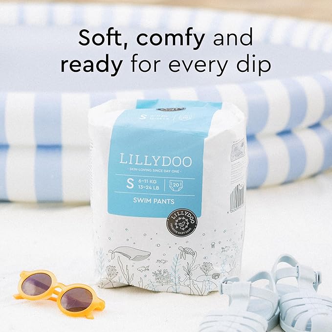 LILLYDOO Baby Swim Diapers - Size Small (13-24 lbs), Half-Monthly Supply (40 Count), Blue Whales Design, Skin-Friendly, Perfume- & Chlorine-Free, Hypoallergenic, Dermatologist Tested, Oeko-TEX®