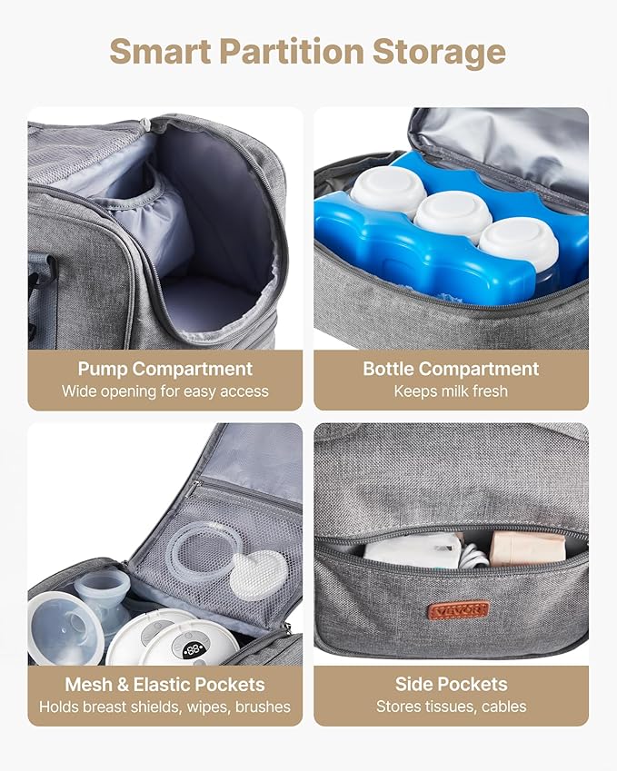 VEVOR Breast Pump Bag, Breast Feeding Bag with Ice Pack, Compatible with Momcozy, Medela & Elvie Pumps, Portable Pump Carrying Case for Breastmilk Storage, Work, Travel and Family Use, Grey