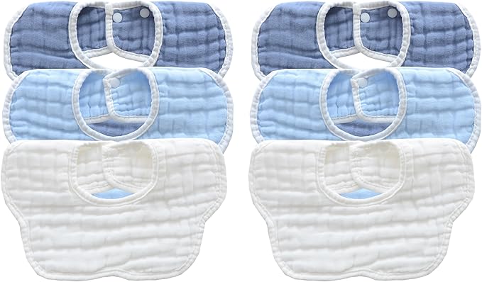 MUKIN Soft Cotton Muslin Baby Bibs 6 Pack | Adjustable Snap Closure for Newborns| Absorbent for Drooling, Teething & Feeding
