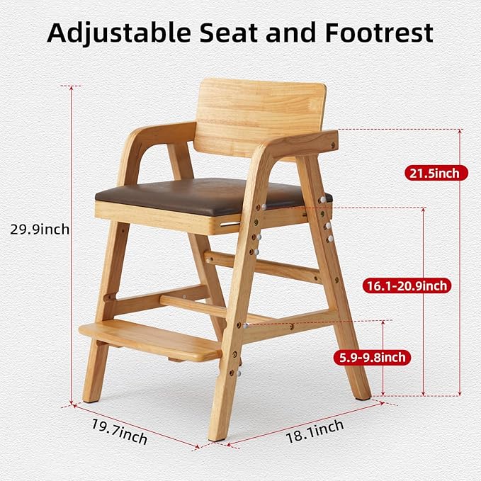 Solid Wood High Chair for Babies&Toddlers, Adjustable Baby Highchair with Steps for Dining, Teens Study Chair, Natural