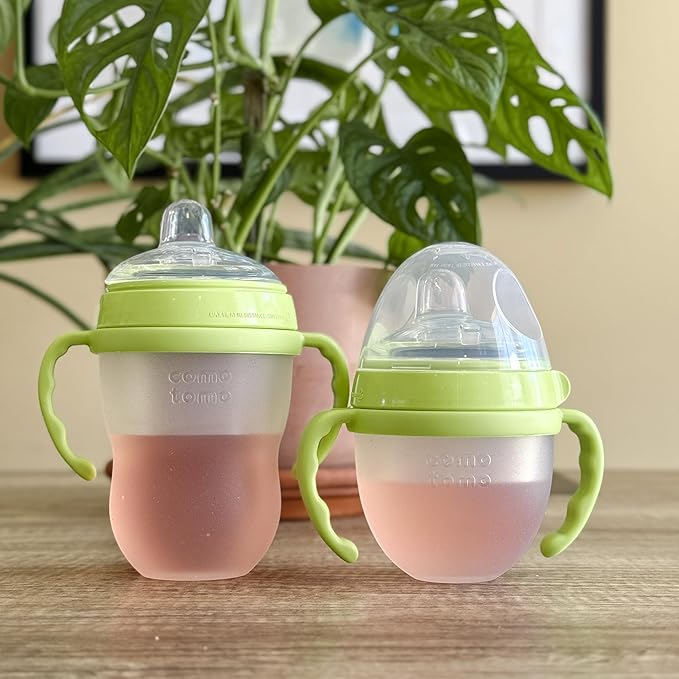Sippy Spout Nipples with Bottle Handles for Comotomo Baby Bottles 2-Pack Soft Food Grade Silicone Spout, Transition Nipples, Converts Baby Bottle to Sippy Cup, Spill Proof, BPA-Free, 4+ months (Green)