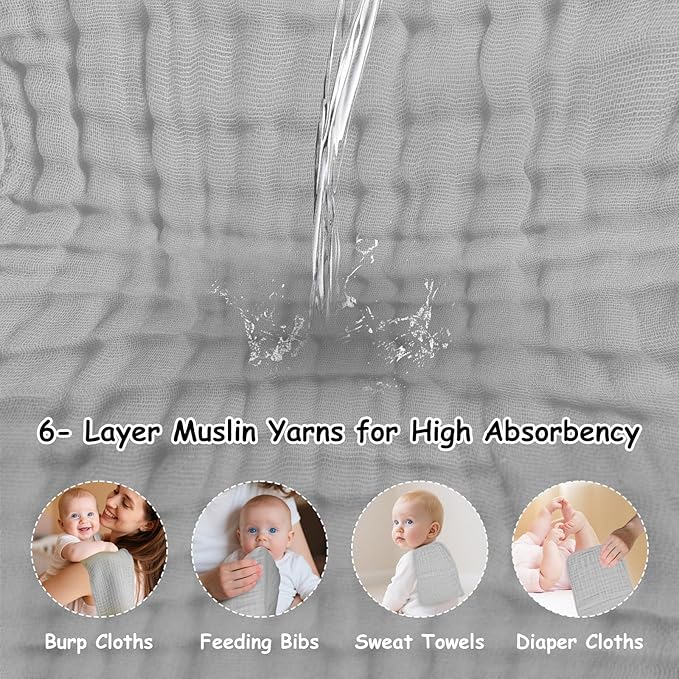Muslin Solid Burp Cloths 100% Cotton Large 18''x10'' Extra Soft and Absorbent Multifunctional 6 Pack Baby Burping Cloth for Unisex Boys Girls (Gray)