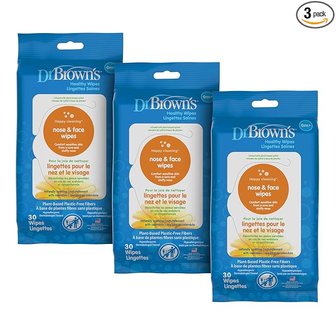 Dr. Brown's Nose and Face Healthy Wipes, Safe Cleaning and Moisturizing for Babies and Toddlers, Hypoallergenic for Sensitive Skin, 30 count, 3-Pack (Packaging May Vary)