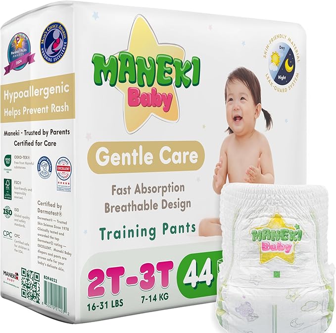 Maneki Baby Hypoallergenic Potty Training Pants 2T–3T, 44 Count (16–31 lbs), Pull-On Diaper Pants & Training Underwear, Soft, Unscented & High Absorbency for Overnight & Daily Use (Pack May Vary)