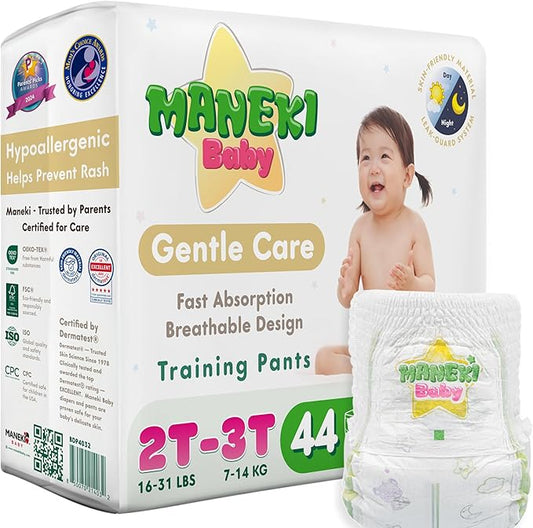 Maneki Baby Hypoallergenic Potty Training Pants 2T–3T, 44 Count (16–31 lbs), Pull-On Diaper Pants & Training Underwear, Soft, Unscented & High Absorbency for Overnight & Daily Use (Pack May Vary)
