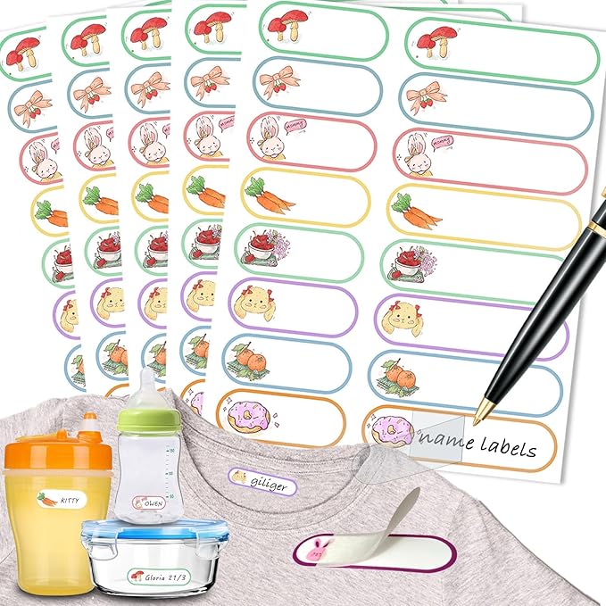 80pcs Waterproof Name Labels for Baby Bottles Daycare Containers, Self-Laminating Write-on All-Purpose Labels Personalizable, Dishwasher, Freezer & Microwave Safe, Original Design Bunny Name Labels