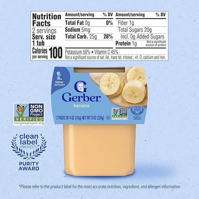 Gerber Stage 2 Baby Food, Banana Puree Tubs, No Artificial Colors or Flavors, Baby Puree, 16-Pack