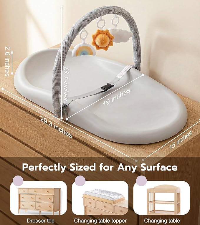 Mallify Wipe-Clean Baby Changing Pad, Waterproof Durable PU Pad, Soft & Non-Slip Safety Belt & Hanging Toys, Easy to Adjust & Removable Bar, Gray