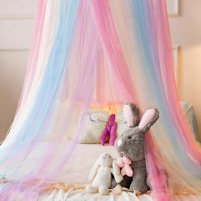 Princess Rainbow Bed Canopy with Lights for Girls Bed Net,Princess Canopy for Kids Bed Room Decor (Rainbow + Lights)
