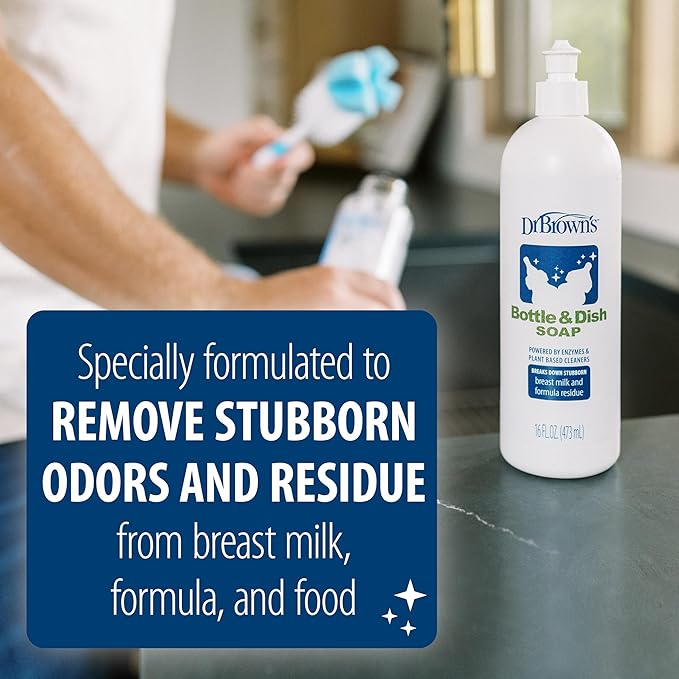 Dr. Brown's Natural Flow Anti-Colic Options+ Narrow Baby Bottles 8oz/250 mL, Level 1 Slow Flow Nipple, 4 Pack, 0m+, with Reusable Sponge Cleaning Brush, Blue 1-Pack & Fragrance-Free Dish Soap, 16oz