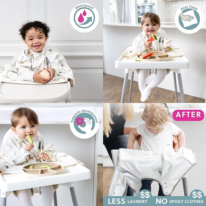 BIBaDO - Long Sleeve Baby Bibs - Babies & Toddlers 6-36 Months - Coverall Baby Led Weaning Bib - Easy Wipe, Soft & Waterproof