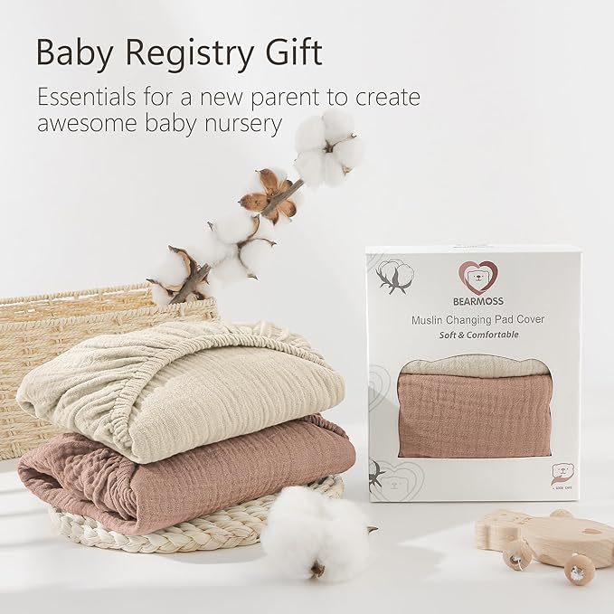 Bearmoss Changing Pad Cover, 2 Pack Muslin [100% Cotton] Diaper Changing Table Covers, 32'' x 16'' Soft Breathable Changing Pad Sheets for Unisex Baby Girls and Boys with Strap Holes (Peanut)