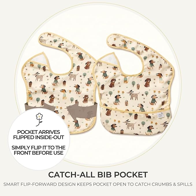 Waterproof Baby Bibs for Eating 3-Pack | Toddler Bibs with Food Catcher | Machine Washable Bibs, Lightweight | Infants & Toddlers 6-36 Month, CPSIA Tested, Animal Design (White, Pink, Grey)
