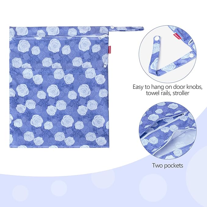 Damero 2 Pcs Wet Dry Bag for Cloth Diaper, Swimsuit, Clothes, Water-Resistant Reusable Wet Bag for Travel, Exercise, Beach, Pool, Daycare, Purple Flowers