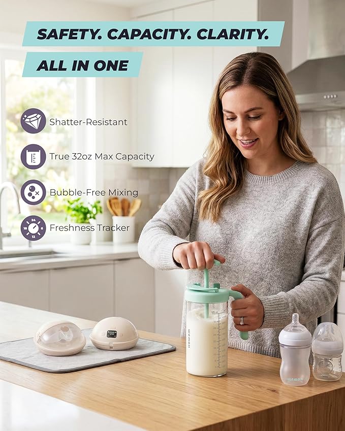 Borosilicate Glass Formula Mixing Pitcher – 32oz True Mixing Capacity, Time Dial for Freshness Tracking, Dishwasher-Safe, BPA-Free Lid, Perfect for Breastmilk Pitcher Method & Multi-Baby Feeding