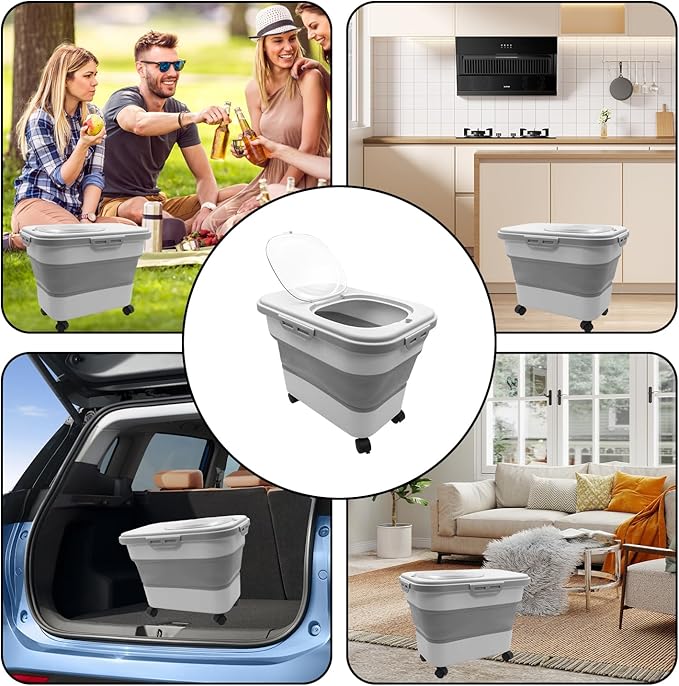 20-30 Lbs Rice and Pet Food Storage Container - Collapsible Airtight Food Storage with Rolling Wheel & Locking Lid, Flour Container with Cup & Scoop for Rice, Flour, Pet Food (Grey)