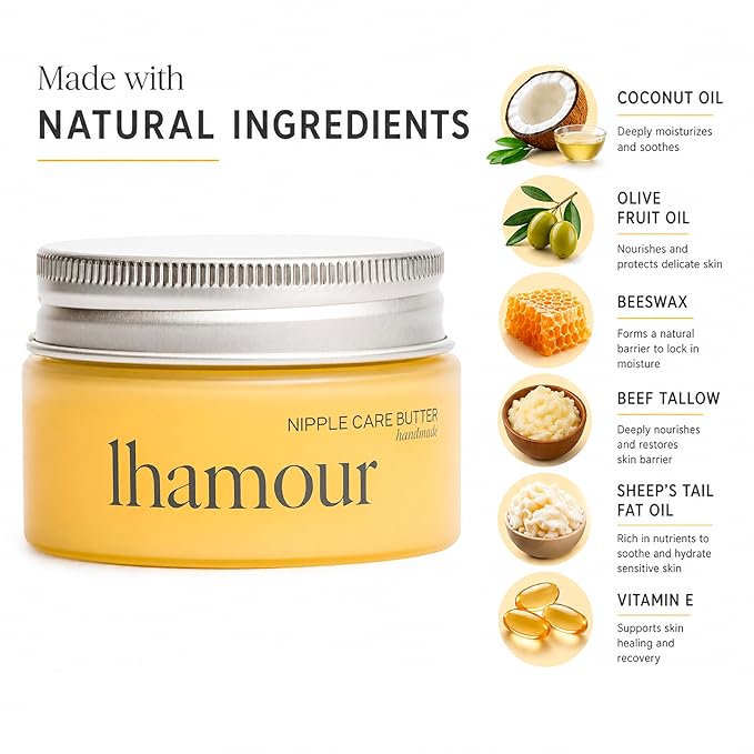 Lhamour Organic Nipple Cream Breastfeeding - Nipple Butter Balm with Coconut & Olive Oil, Beef Tallow, Beeswax, Soothing Nipple Butter Cream for Sore Cracked Nipples, Baby Safe Unscented Formula,1 oz