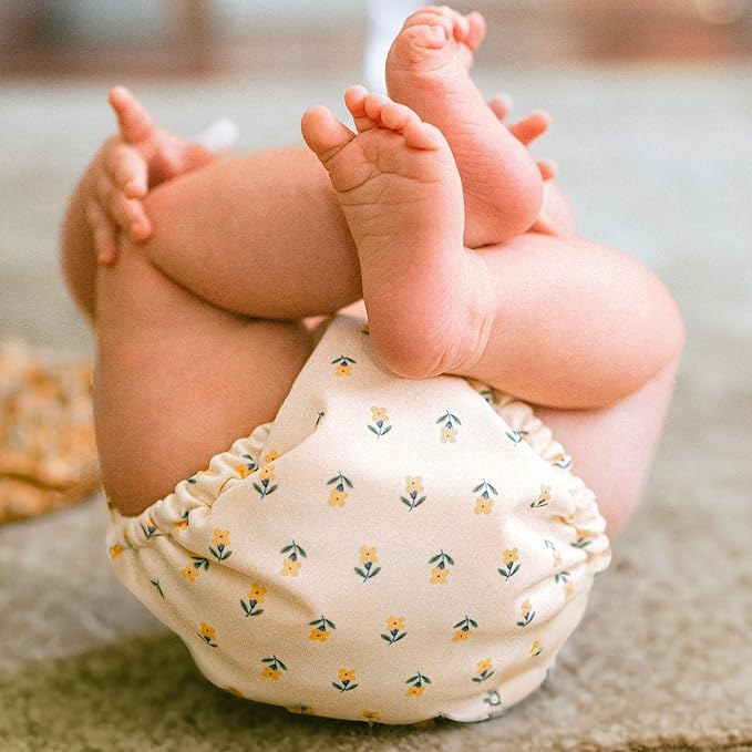 Esembly Cloth Diaper Cover - Reusable Swim Diaper, Waterproof, Breathable - Adjustable Outer Layer Over Absorbent Inner for Blowout Protection - Buds, Size 2 (18-35lbs)