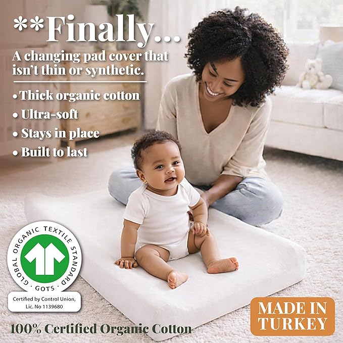Plush Organic Changing Pad Covers Boy,Girl - GOTS 100% Certified Organic Cotton Changing Table Pad Cover, Baby Nursery Diaper Changing Pad Sheets,Table Contour Pads Liners (White + White)
