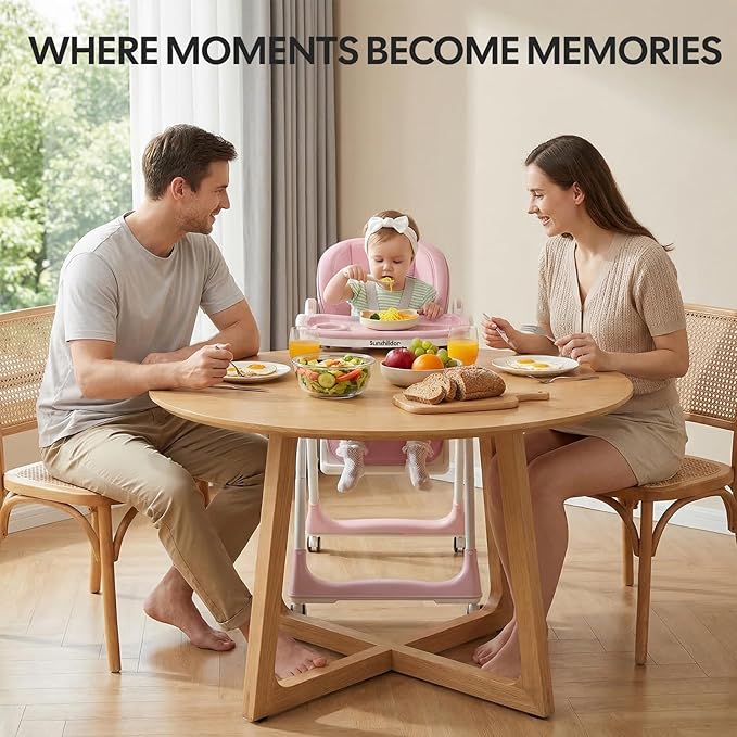 Sunchild 3-in-1 Baby High Chair with Wheels, 5-Point Harness, Tray, Footrest, and Backrest, Foldable and Adjustable for Toddlers 6-36 Months, Pink