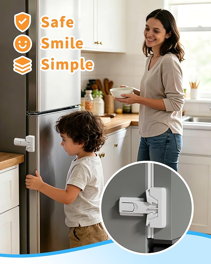 Yunkey Child Safety Fridge Lock — Auto-Lock Design, One-Hand Open & Self-Locking Close — Helps Keep Toddlers & Pets Out — 3M Strong Hold & Clean Removal | White, 1-Pack