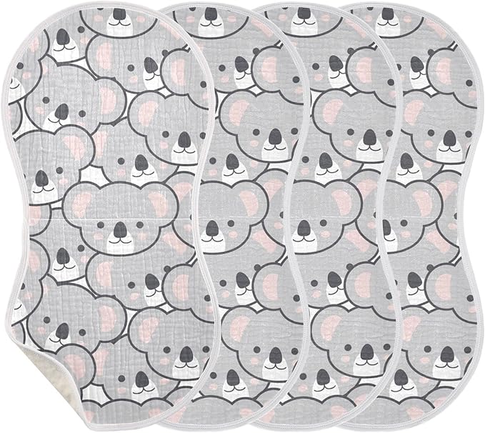 Cute Cartoon Koala Pattern Muslin Burp Cloths for Baby 4 Pack 100% Cotton Baby Washcloths Bibs for Boy Girl