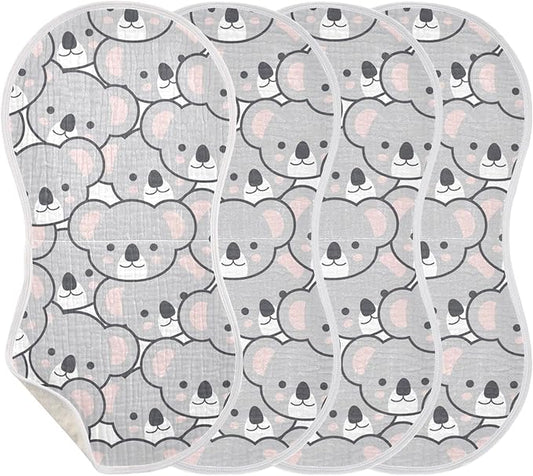 Cute Cartoon Koala Pattern Muslin Burp Cloths for Baby 4 Pack 100% Cotton Baby Washcloths Bibs for Boy Girl