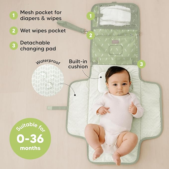 KeaBabies Portable Diaper Changing Pad, Travel, Car - Large Waterproof Baby Changing Mat, Wipeable, Padded, On The Go Travel Diaper Clutch Bag, Easy to Use Pockets for Newborn Essentials (Acacia)