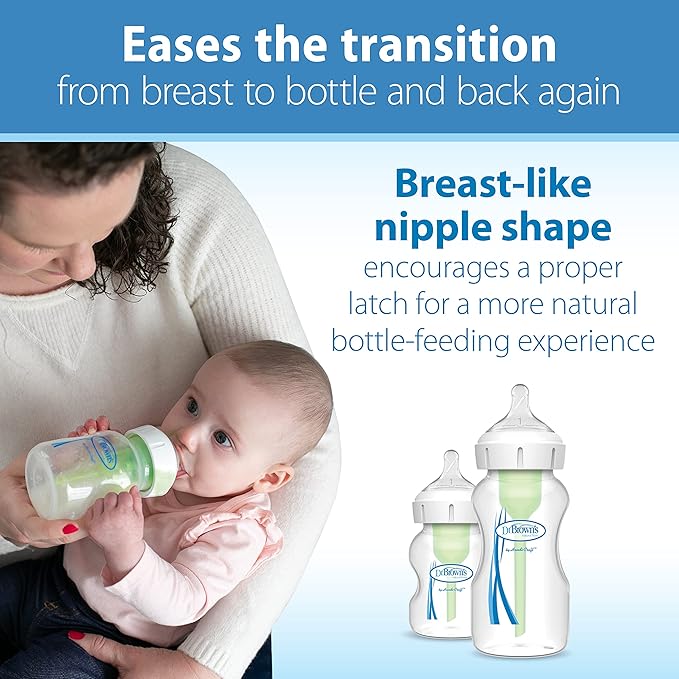 Dr. Brown's Natural Flow Level 3 Wide-Neck Baby Bottle Silicone Nipple & Natural Flow® Anti-Colic Options+™ Wide-Neck Baby Bottle Designer Edition Bottles, Dino Decos, 9oz/270mL