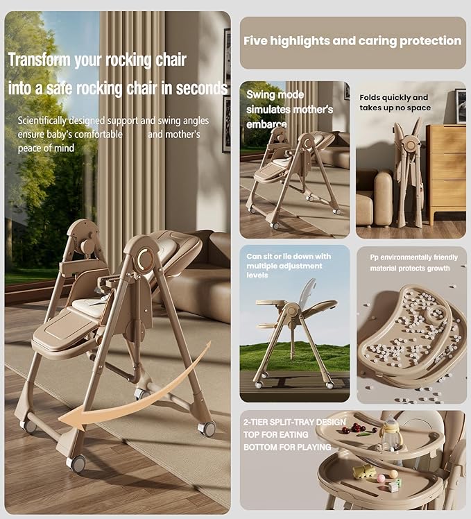 Nine point nine PU Leather High Chair with Swinging Function, Baby High Chair for Babies and Toddlers, Removable Double Tray Baby Seat Feeding Chairs (X8121 White)