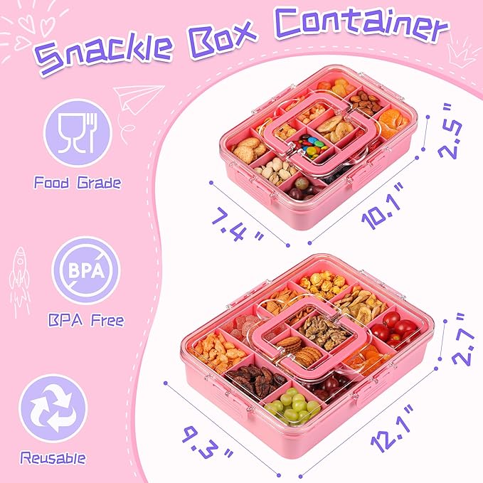 Xyptorix Snack Box Container for Kids - Adjustable 12-Compartment Snack Containers, Reusable Bento Box, Dishwasher Safe, BPA-Free, Perfect for School, Travel, Camping & Picnic, Pink
