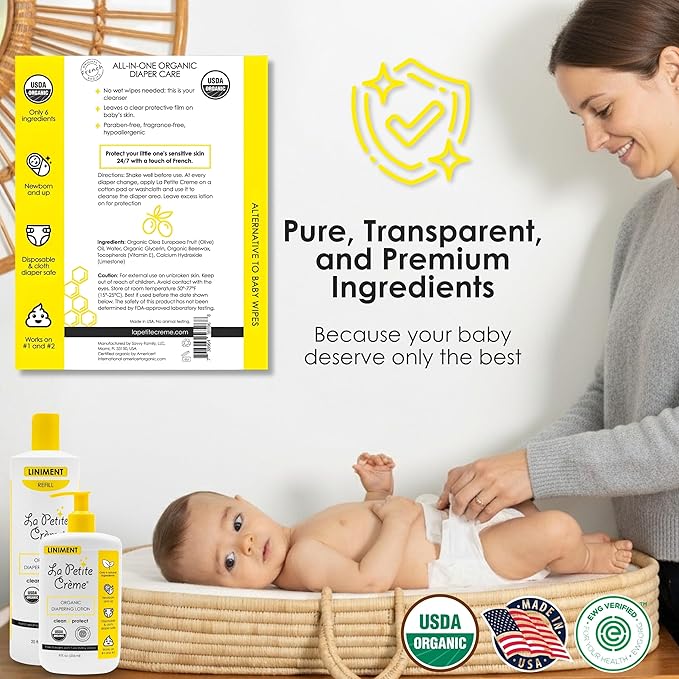 La Petite Creme French Premium Diapering Lotion - Diaper Cream Alternative to Baby Wipes - Moisturizer & Skin Cleanser - USDA Certified Organic Ingredients - Baby Essentials (2 Bottles of 20 oz)