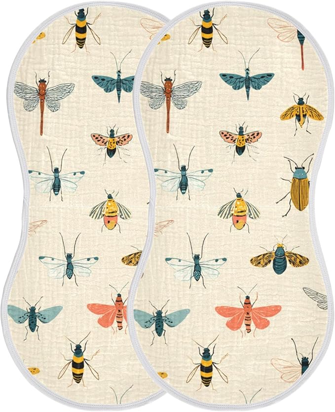 Insects Pattern Cute Burp Cloths Baby Boys Girls Absorbent Soft Cotton Burping Cloths Rags, 2 Pack