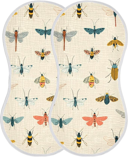 Insects Pattern Cute Burp Cloths Baby Boys Girls Absorbent Soft Cotton Burping Cloths Rags, 2 Pack