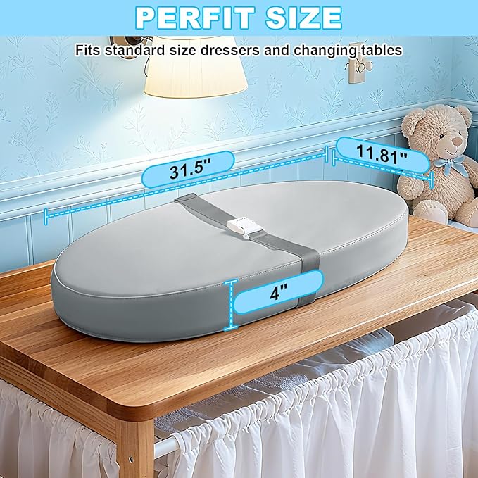 Baby Diaper Changing Pad, Wipeable Baby Changing Pad for Dresser, Contoured Waterproof Changing Pad with PU Cover, Non-Slip Safety Belt & Bottom, Portable, Lightweight (Grey)