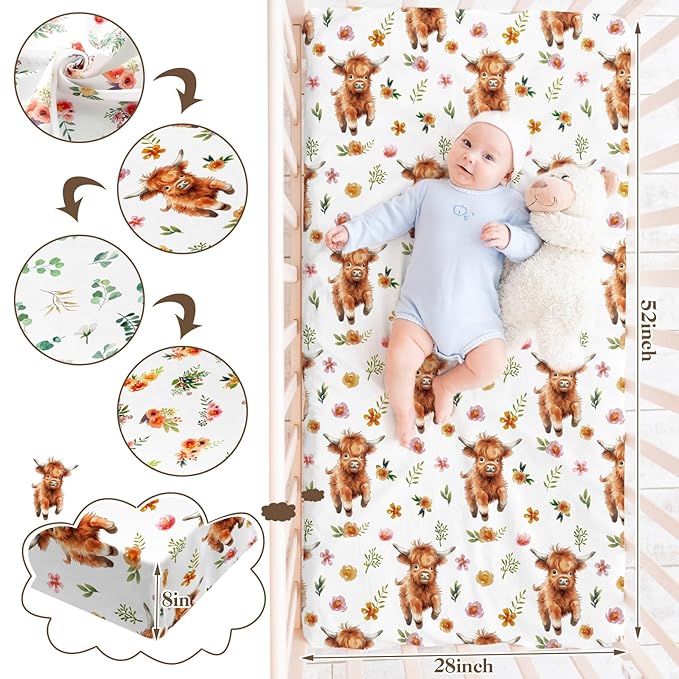 4 Pack 52" x 28" Changing Pad Cover for Boys Girls Highland Cow Eucalyptus Leaf Floral Pattern Neutral Nursery Decor Change Table Covers Soft Changing Pad Sheets for Baby Girls Baby Boys