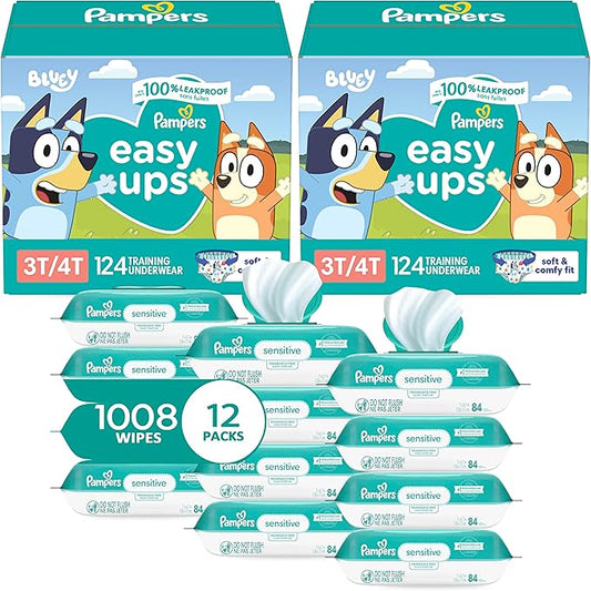 Pampers Easy Ups Pull On Training Underwear Boys, 3T-4T, 2 Month Supply (2 x 124 Count) with Sensitive Water Based Baby Wipes 12X Multi Pack Pop-Top and Refill (1008 Count)