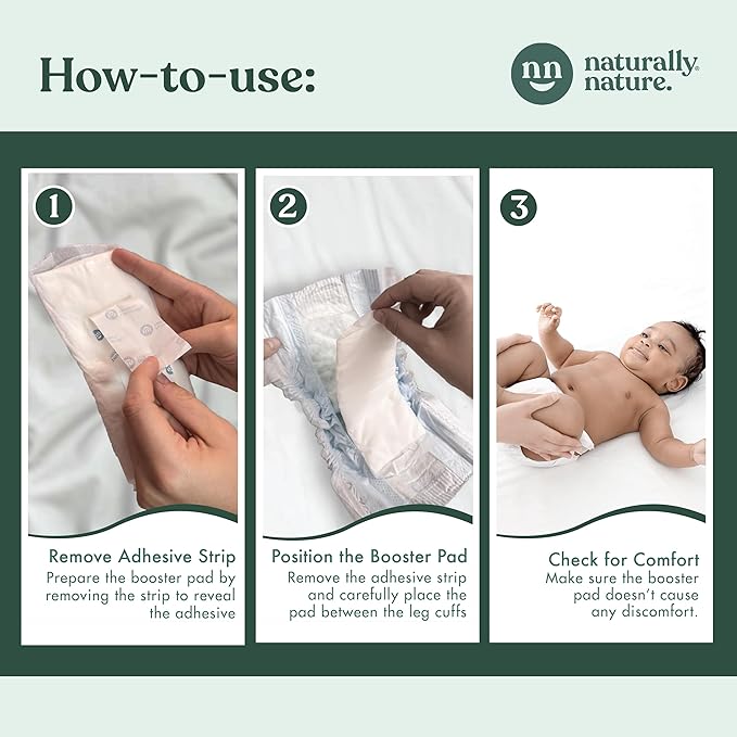 Naturally Nature Overnight Diaper Booster Pads, Stops Overnight Leaking, Diaper Liners for Toddler, Nighttime Diapers Size 5, Adhesive Pad for Girls, Boys, (3 Packs of 32 ct.)