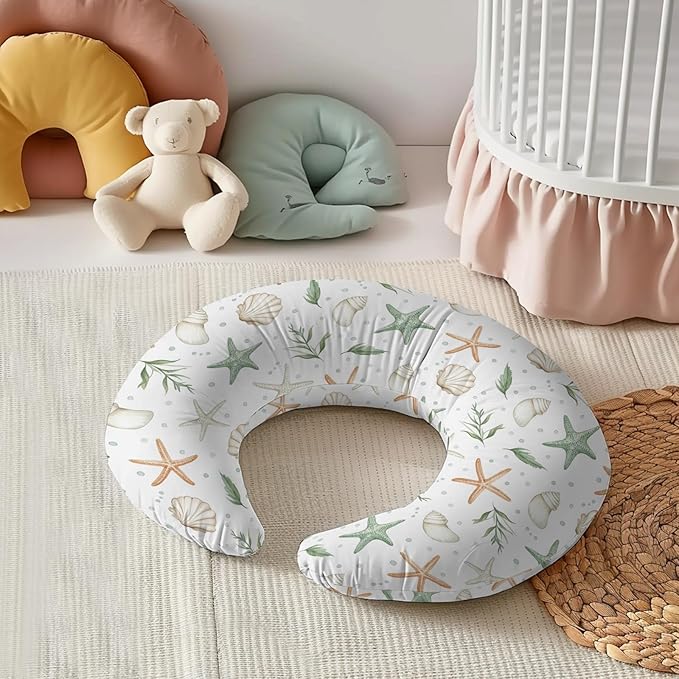 Watercolor Ocean Starfish Seashells Pattern Nursing Pillow Cover, Unisex Sea Animals Removable Breastfeeding Pillowcase Slipcover for Baby Girls Boys Newborns Toddlers, Cover Only