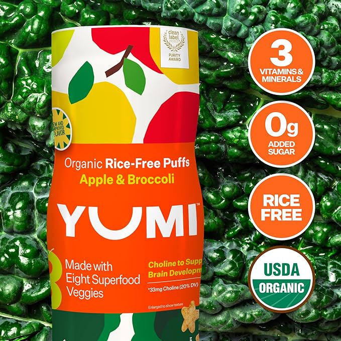 YUMI Rice-Free Baby Puffs - No Sugar Added, Gluten-Free, Non-GMO Organic Baby Snacks Puffs, School Safe for Daycare and Lunchboxes - Alternative to Baby Teething Snacks, Apple & Broccoli (6ct.)